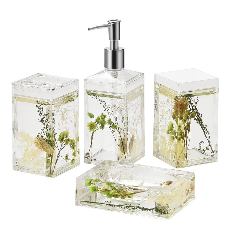 Locco Decor 4 قطع سائل أكريليك 4D عائم بحركة الحمام مجموعة ملحقات زينة الحديقة والنباتات الخضراء وحامل فرشاة الأسنان وموزع الصابون وطبق الصابون - Image 1